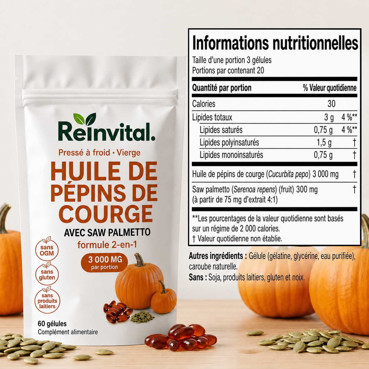Reinvital: Capsules premium à l'huile de pépins de courge